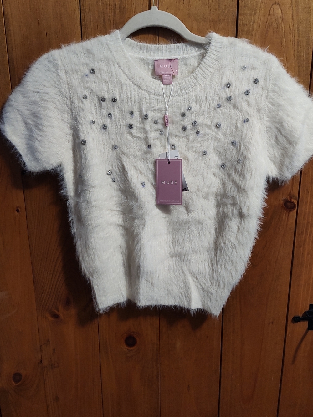 MUSE Fuzzy Beaded Short-Sleeve Sweater Top - White